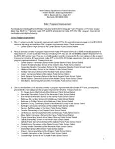 North Dakota Department of Public Instruction Kirsten Baesler, State Superintendent 600 E. Boulevard Ave., Dept. 201 Bismarck, ND[removed]Title I Program Improvement