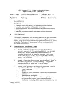 WEST VIRGINIA UNIVERSITY AT PARKERSBURG UNIVFORM COURSE SYLLABUS Name of Course: Leadership and Human Relations Course No.: PSYC 231