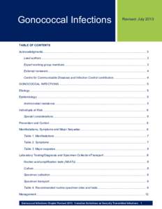 Gonococcal Infections  Revised: July 2013 TABLE OF CONTENTS Acknowledgments ............................................................................................................................. 3