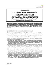 PRESS NOTE  LIC MINISTERS DEMAND THEIR FAIR SHARE OF GLOBAL TAX REVENUES Francophone LIC Finance Ministers Network