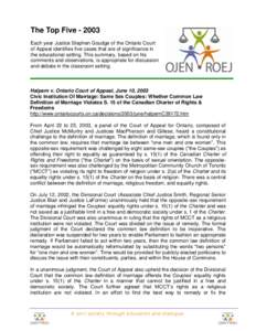 The Top Five[removed]Each year Justice Stephen Goudge of the Ontario Court of Appeal identifies five cases that are of significance in the educational setting. This summary, based on his comments and observations, is appr