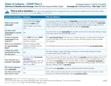 State of Indiana – CDHP Plan 2 Summary of Benefits and Coverage: What this Plan Covers & What it Costs Coverage Period: [removed]2015 Coverage for: Individual/Family | Plan Type: CDHP