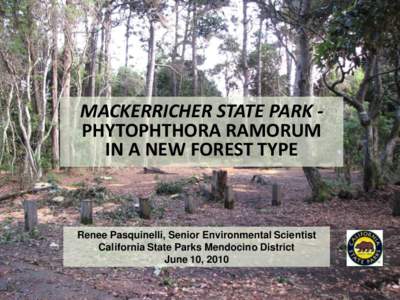 MACKERRICHER STATE PARK PHYTOPHTHORA RAMORUM IN A NEW FOREST TYPE Renee Pasquinelli, Senior Environmental Scientist California State Parks Mendocino District June 10, 2010