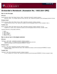 Orchardist’s Notebook (Accession No[removed]ORC) How to cite this page APA style Acadia University, Esther Clark Wright Archives[removed]Unidentified orchardist’s notebook accession.            Retrieved