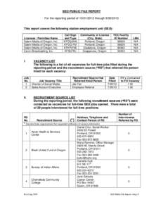 EEO PUBLIC FILE REPORT For the reporting period of[removed]through[removed]This report covers the following station employment unit (SEU): Licensee / Permittee Name Salem Media of Oregon, Inc.