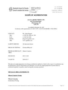 SCOPE OF ACCREDITATION AGAT LABORATORIES LTD[removed]McAdam Road Mississauga, ON L4Z 1N9 Accredited Laboratory No. 665
