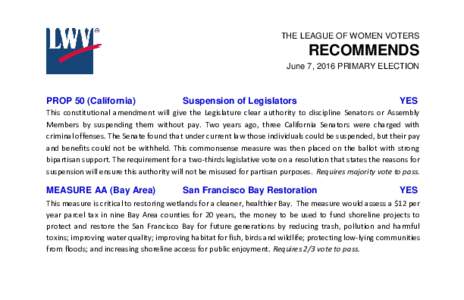 THE LEAGUE OF WOMEN VOTERS  RECOMMENDS June 7, 2016 PRIMARY ELECTION  PROP 50 (California)