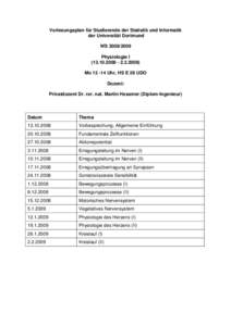 Vorlesungsplan für Studierende der Statistik und Informatik der Universität Dortmund WSPhysiologie IMoUhr, HS E 28 UDO