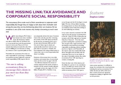 TAX JUSTICE FOCUS  THIRD QUARTER 2014 VOLUME 9 ISSUE 3 THE MISSING LINK:TAX AVOIDANCE AND CORPORATE SOCIAL RESPONSIBILITY