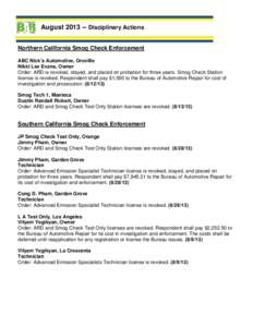 August[removed]Disciplinary Actions Northern California Smog Check Enforcement ABC Nick’s Automotive, Oroville Nikki Lee Evans, Owner Order: ARD is revoked, stayed, and placed on probation for three years. Smog Check S