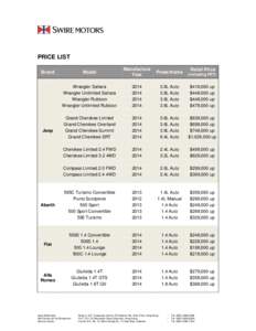 PRICE LIST Model Manufacture Year