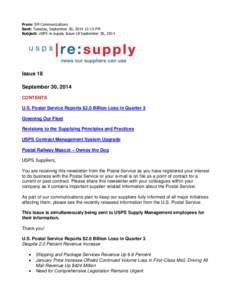 From: SM Communications Sent: Tuesday, September 30, [removed]:15 PM Subject: USPS re:supply Issue 18 September 30, 2014 Issue 18 September 30, 2014