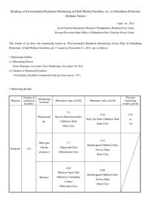 Readings of Environmental Radiation Monitoring at Child Welfare Facilities, etc. in Fukushima Prefecture (Definite Values) April 18, 2012 Local Nuclear Emergency Response Headquarters (Radioactivity Team) Disaster Provis