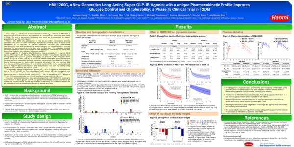 1000  HM11260C, a New Generation Long Acting Super GLP-1R Agonist with a unique Pharmacokinetic Profile Improves Glucose Control and GI tolerability; a Phase IIa Clinical Trial in T2DM JaHoon Kang *1) , SooMin Choi 1) , 