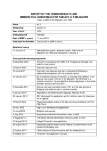 REPORT BY THE COMMONWEALTH AND IMMIGRATION OMBUDSMAN FOR TABLING IN PARLIAMENT Under s 486O of the Migration Act 1958 Name  Mr X