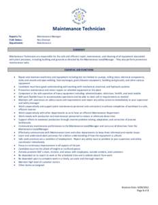 Maintenance Technician Reports To: FLSA Status: Department:  Maintenance Manager