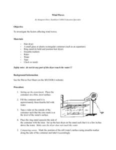 Wind Waves By Margaret Olsen, SouthEast COSEE Education Specialist Objective To investigate the factors affecting wind waves. Materials