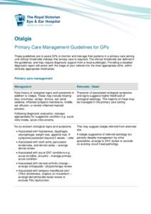 Otalgia Primary Care Management Guidelines for GPs These guidelines are to assist GPs to monitor and manage their patients in a primary care setting until clinical thresholds indicate that tertiary care is required. The 