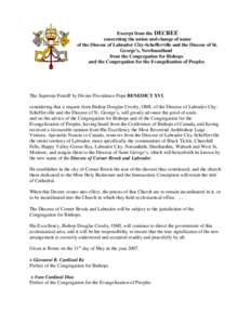 Excerpt from the DECREE concerning the union and change of name of the Diocese of Labrador City-Schefferville and the Diocese of St. George’s, Newfoundland from the Congregation for Bishops and the Congregation for the