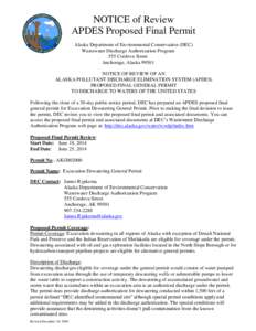 NOTICE of Review APDES Proposed Final Permit Alaska Department of Environmental Conservation (DEC) Wastewater Discharge Authorization Program 555 Cordova Street Anchorage, Alaska 99501