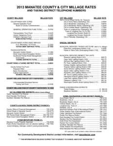 2013 MANATEE COUNTY & CITY MILLAGE RATES AND TAXING DISTRICT TELEPHONE NUMBERS COUNTY MILLAGES MILLAGE RATE