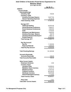 Adult Children of Alcoholics World Service Organization Inc  Balance Sheet As of April 30, 2014  Apr 30, 14