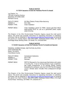 PUBLIC NOTICE[removed]Issuance of Draft Air Pollution Permit-To-Install Jay Plastics, Inc. 150 East Longview Avenue, Mansfield, OH[removed]Richland County