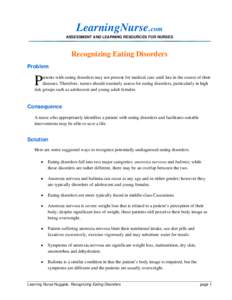 LearningNurse.com ASSESSMENT AND LEARNING RESOURCES FOR NURSES Recognizing Eating Disorders Problem