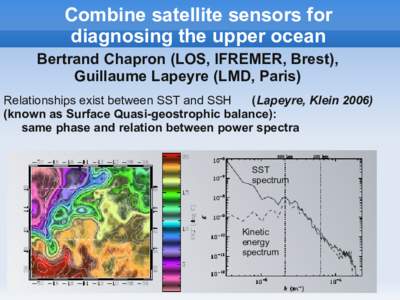 Combine satellite sensors for diagnosing the upper ocean Bertrand Chapron (LOS, IFREMER, Brest), Guillaume Lapeyre (LMD, Paris) Relationships exist between SST and SSH (Lapeyre, Klein 2006)