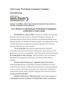 Clark County Work Ready Community Committee NEWS RELEASE Contact: Cora Heffner, Clark County Community Education Program Director – [removed], [removed]