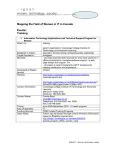 w i g s a t women, technology, society Mapping the Field of Women in IT in Canada Events: Training 1. Information Technology Applications and Technical Support Program for