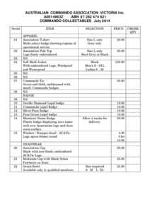 AUSTRALIAN COMMANDO ASSOCIATION VICTORIA Inc. A0014983Z ABN[removed]COMMANDO COLLECTABLES July 2014 Serial
