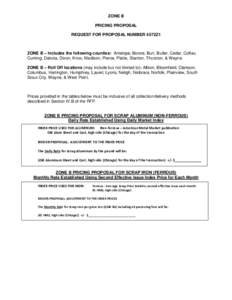 ZONE B PRICING PROPOSAL REQUEST FOR PROPOSAL NUMBER 4572Z1 ZONE B – Includes the following counties: Antelope, Boone, Burt, Butler, Cedar, Colfax, Cuming, Dakota, Dixon, Knox, Madison, Pierce, Platte, Stanton, Thurston