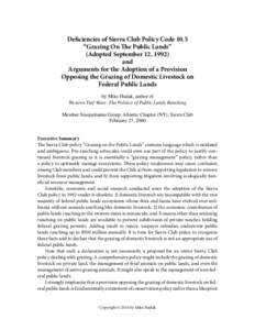 Deficiencies of Sierra Club Policy Code 10.5 “Grazing On The Public Lands” (Adopted September 12, 1992) and Arguments for the Adoption of a Provision Opposing the Grazing of Domestic Livestock on