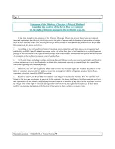 Page 1  Statement of the Ministry of Foreign Affairs of Thailand regarding the position of the Royal Thai Government on the right of innocent passage in the territorial seas, etc.