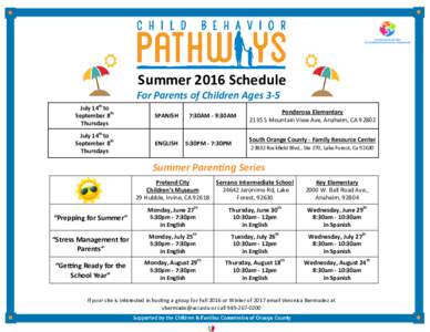 Summer 2016 Schedule For Parents of Children Ages 3-5 July 14th to September 8th Thursdays