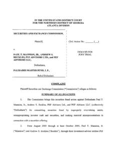 SEC Complaint: Paul T. Mannion, Jr., Andrew S. Reckles, PEF Advisors Ltd., and Pef Advisors LLC, Defendants, Palisades Master Fund, L.P., Relief Defendant