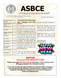 ASBCE  THE OFFICIAL NEWSLETTER OF THE ALABAMA STATE BOARD OF CHIROPRACTIC EXAMINERS 126 Chilton Place, Clanton, Alabama, 35045 Phone numberor