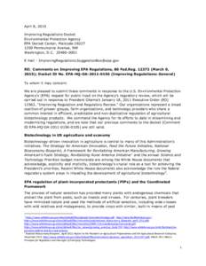 April 8, 2015 Improving Regulations Docket Environmental Protection Agency EPA Docket Center, Mailcode:2822T 1200 Pennsylvania Avenue, NW Washington, D.C