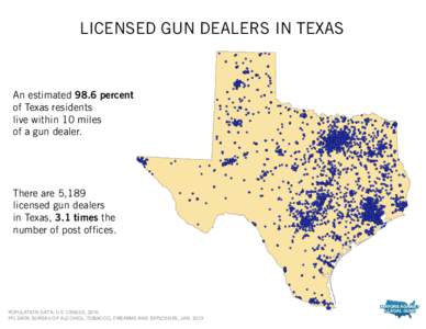 LICENSED GUN DEALERS IN TEXAS  An estimated 98.6 percent of Texas residents live within 10 miles of a gun dealer.