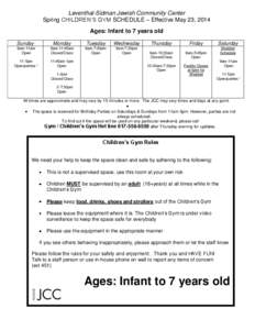 Leventhal-Sidman Jewish Community Center Spring CHILDREN’S GYM SCHEDULE – Effective May 23, 2014 Ages: Infant to 7 years old Sunday  Monday