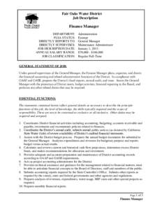 Fair Oaks Water District Job Description Finance Manager DEPARTMENT: FLSA STATUS:
