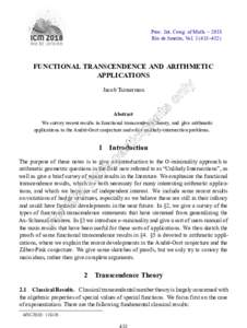 Proc. Int. Cong. of Math. – 2018 Rio de Janeiro, Vol–452) FUNCTIONAL TRANSCENDENCE AND ARITHMETIC APPLICATIONS Jacob Tsimerman