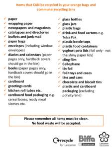 Items that CAN be recycled in your orange bags and communal recycling bins    