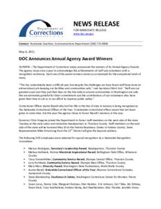 NEWS RELEASE FOR IMMEDIATE RELEASE www.doc.wa.gov Contact: Rowlanda Cawthon, Communications Department[removed]May 6, 2011