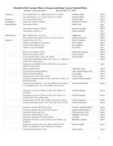 Checklist of the Vascular Plants of Sequoia and Kings Canyon National Parks Includes waifs and aliens Revised May 15, 2009 Aceraceae Aceraceae Alismataceae
