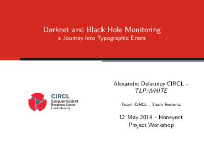 Darknet and Black Hole Monitoring a Journey into Typographic Errors Alexandre Dulaunoy CIRCL TLP:WHITE Team CIRCL - Team Restena