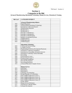 TB-Form I – Section A  Section A Categories to Be Bid Advanced Manufacturing, Information Technology, Human Services, Education & Training Bid Cat #