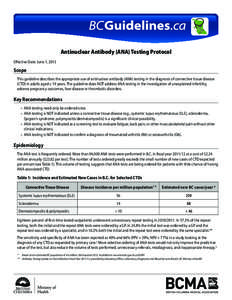 Antinuclear Antibody (ANA) Testing Protocol Effective Date: June 1, 2013 Scope This guideline describes the appropriate use of antinuclear antibody (ANA) testing in the diagnosis of connective tissue disease (CTD) in adu