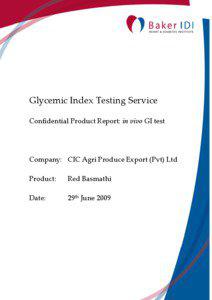Glycemic Index Testing Service Confidential Product Report: in vivo GI test